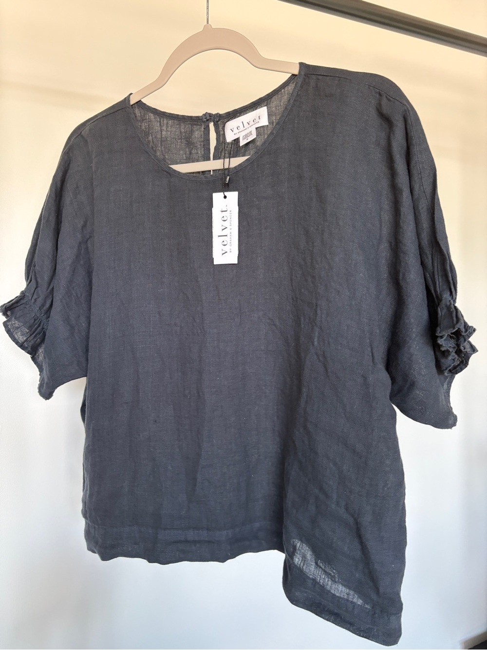 Velvet by Graham & Spencer Midnight Blue Ruffle-Sleeve Linen Top S-M
